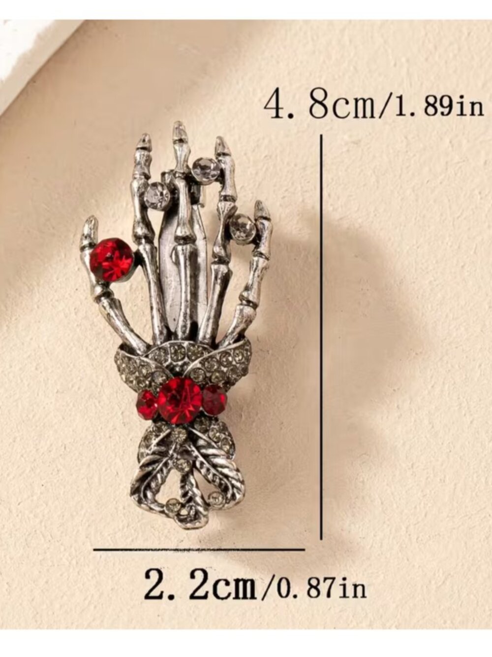 Pave Gothic Skeleton Hand Red Crystal Rhinestone Brooch Pin - Picture 5 of 5